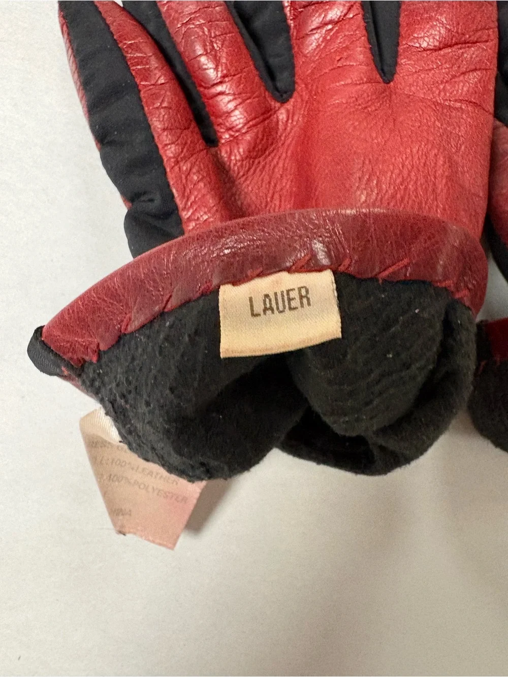 Red Leather Womens Wrist Gloves Polyester Lining Button Accents Medium